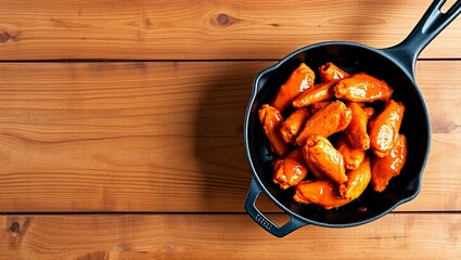 buffalo wings cast iron pan top down copy space rustic wood spicy food chicken wings flat lay pub food

