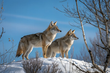 Obraz premium Two coyotes standing alert on a snowy hill with a clear blue sky