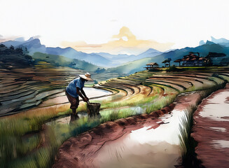 A person is working in a flooded rice paddy field with mountain ranges and a vibrant sky in the background of this rural scene.