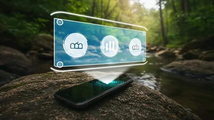 Smartphone projecting data visuals by a serene stream - Powered by Adobe
