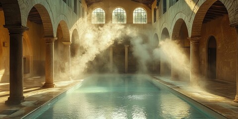 Interior of stone bathhouse with tall arches, columns, pool with clear water, and diffused light entering from roof. Generative by AI.