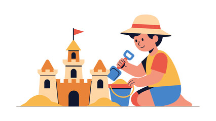 Childhood summer fun concept with a cute boy building a sandcastle on a white background