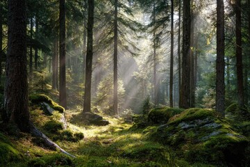 Obraz premium Sunlight streams through a misty forest, illuminating moss-covered rocks and tall trees