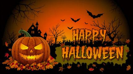 Spooky Celebration With a Carved Pumpkin and Eerie Landscape Featuring Bats, Haunted House, and Autumn Leaves During Halloween Festivities