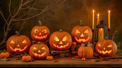 Fototapeta premium Various Carved Pumpkins Arranged Neatly on a Wooden Table With Candles and Decorations, Showcasing Festive Halloween Spirit in an Autumn-Themed Setting