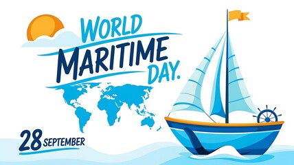World maritime day celebration with sailing ship and world map