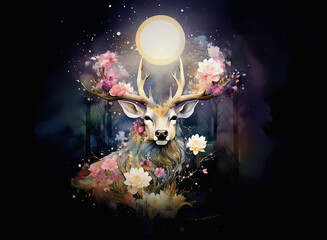A deer adorned with flowers stands out against a dark background, illuminated by a radiant moon.