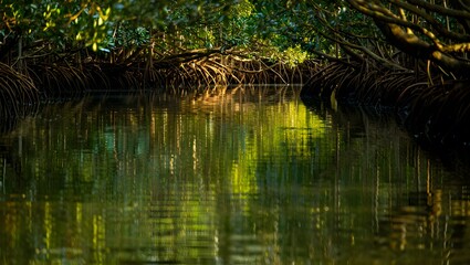 Obraz premium Golden Reflections on a Hidden Mangrove River