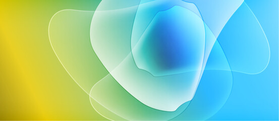 Abstract fluid shapes blend, creating vibrant color gradients. Yellow transitions to green, then blue. Soft focus, smooth textures dominate composition.