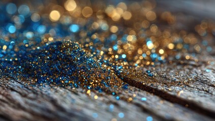 Glittery blue and gold powder on rustic wood