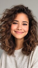 Fototapeta premium A young woman with curly brown hair smiles warmly, wearing a cozy light-colored sweater against a neutral background.