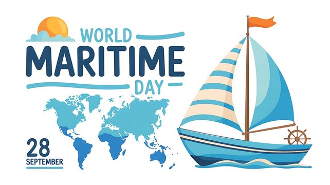 World maritime day celebration with sailing ship and world map illustration - Powered by Adobe