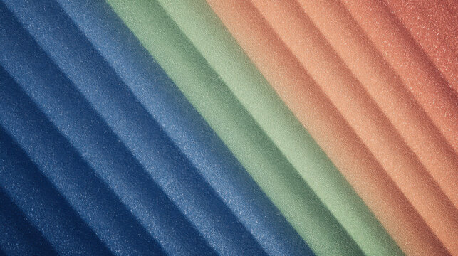 An abstract close-up presents angled rows of textured colored foam in shades of blue, green, orange, creating a visually interesting material background pattern.