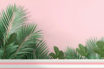 Obraz premium Tropical plants on a soft pink wall
