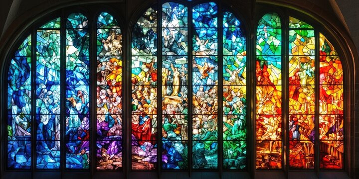 Colorful stained glass windows depicting biblical scenes with figures, halos, robes, vibrant rainbow color scheme, gothic church interior, stone frame arches. Generative by AI. - Powered by Adobe