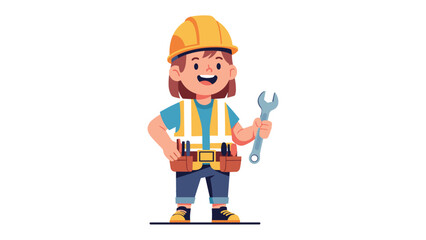 Cartoon girl construction worker with hard hat and wrench. Female engineer character vector