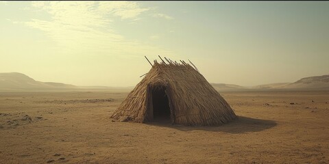 Small simple hut built with woven reeds and thatch roof standing alone on dry desert landscape under clear sky with distant hills. Generative by AI.