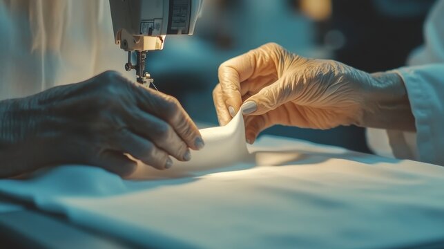 Close-up of hands sewing fabric on a sewing machine.
