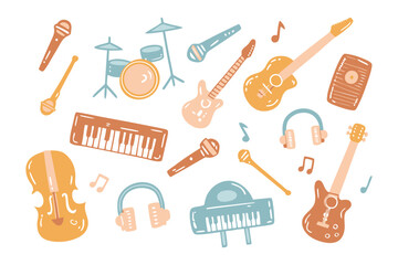 Musical Instruments: A vibrant collection of musical instruments including a guitar, piano, drum set, microphone, headphone, and more, perfect for any music-related project.