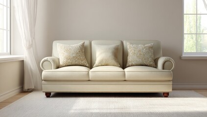 Light beige sofa in a sunlit room with drapes and a window