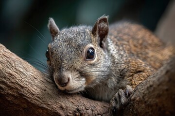Fototapeta premium A closeup shot of a squirrel resting its head on a tree branch Its fur is graybrown