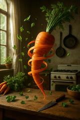 Spiral Carrot Tornado with Floating Herbs in Rustic Kitchen - Photorealistic Food Concept