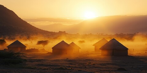 Silhouette of person walking on dusty village road at sunrise with round huts trees and mountain silhouettes under golden sky. Generative by AI.