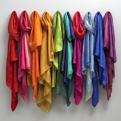 Colorful scarves arranged in a rainbow spectrum against a plain background