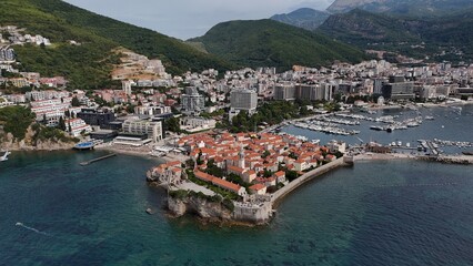 Budva city town in Montenegro on the Adriatic Sea Riviera Balkans drone aerial view