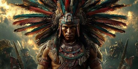 Man wearing elaborate feathered headdress and chest armor with turquoise, red, brown details standing outdoors with others behind. Generative by AI.