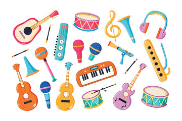 Melodic Instruments: An assorted arrangement of colorful musical instruments, meticulously crafted to convey an atmosphere of musical creativity and harmonic exploration.