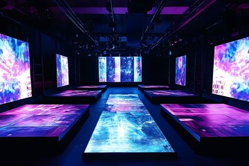 Modern art installation featuring glowing led screens in a darkened room displaying abstract digital art