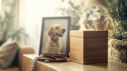 Wooden pet urn, framed dog photo, and leash on a table.