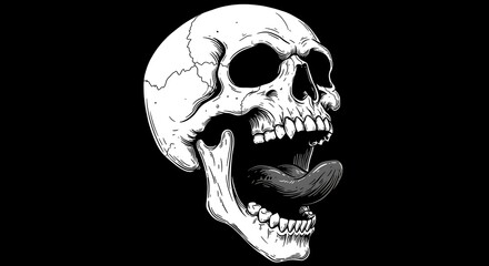 Monochrome Skull: Ink Art, Open Mouth, Dark Background