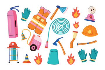 Firefighting Essential Tools Set: A vibrant array of essential firefighting tools are arranged in a colorful and orderly manner.