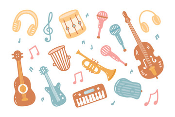 Musical Harmony: A whimsical composition of vibrant musical instruments, from guitars and drums to a trumpet and piano. Capturing the essence of joy and artistic expression.