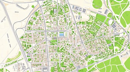 Obraz premium Aerial view of city map showing streets buildings and green areas