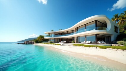 Luxurious Modern Beachfront Villa with Palm Trees and Ocean View