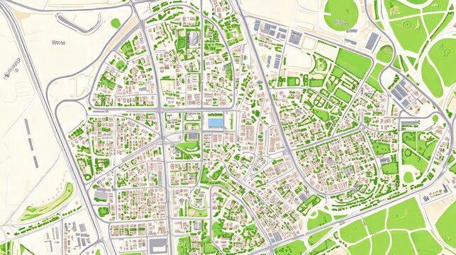 Aerial view of city map showing streets buildings and green areas