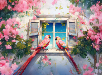 Colorful birds perch on a window surrounded by pink flowers. A bright sky in the background creates a serene and picturesque scene.