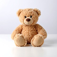 Obraz premium A light brown teddy bear sits on a white surface against a white background