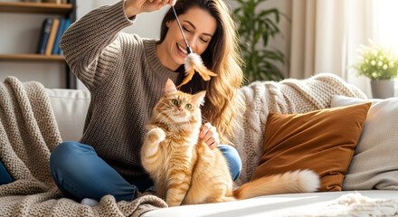 Playful Bonding: Woman and Ginger Cat Enjoy Cozy Home Time