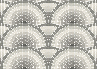 Seamless grayscale mosaic pattern with waves, portuguese style decorative scales pavement, monochrome stone tiling with rounded ornament, vector