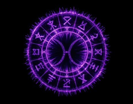 Purple glowing circle with various symbols and patterns on a black background
