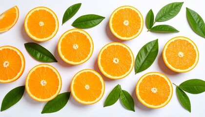 Vibrant Orange Slices and Lush Green Leaves on White Background