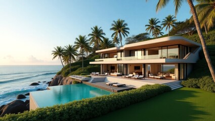 Fototapeta premium Luxurious Modern Beachfront Villa with Palm Trees and Ocean View