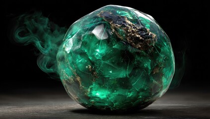 Emerald orb, radiating light, smoky aura, dark background