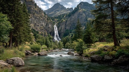 Obraz premium Mountain waterfall cascading into a clear stream, surrounded by lush greenery and rocky terrain