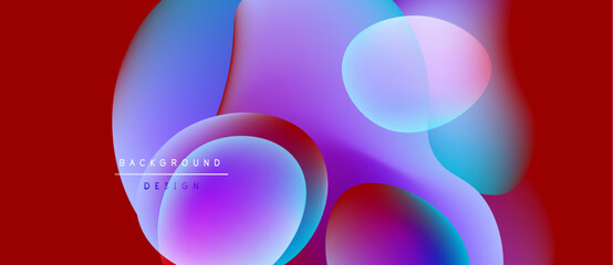 Abstract fluid shapes overlap, creating vibrant color gradients. Red background emphasizes purple, blue hues. Modern design element.