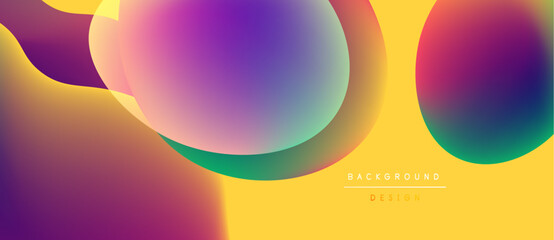 Abstract fluid shapes overlap, vibrant colors blend. Yellow background provides contrast, modern design element. Smooth gradients create depth.
